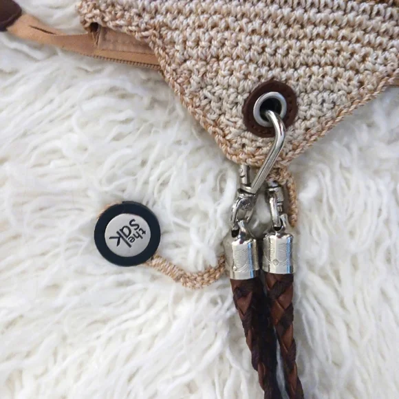 The SAK Leather & Crochet Braided Handle Hand Bag Cream Tan - Picture 9 of 16